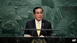 Thai Prime Minister Prayut Chan-o-cha speaks during the 71st session of the United Nations General Assembly, Sept. 21, 2016, at U.N. headquarters.
