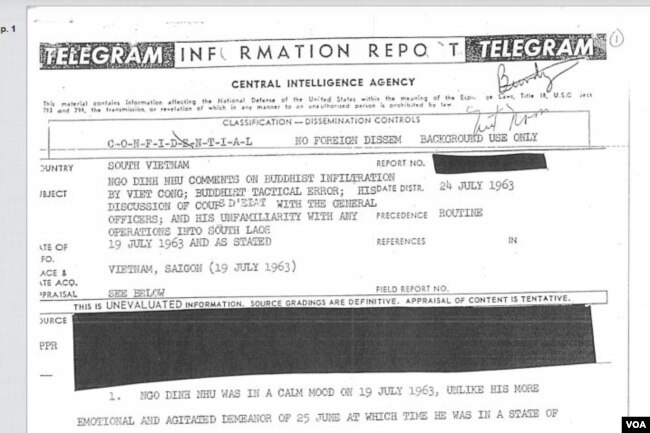 Báo của của CIA ngày 24 tháng Bảy, 1963 trong đó đề cập đến các nhận định của ông Ngô Đình Nhu về vấn đề Việt Cộng xâm nhập Phật Giáo.