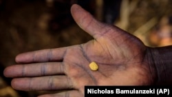A man shows a piece of metal containing gold at a gold mining site in the village of Mawero, on the outside of Busia town, on Monday, Oct. 18, 2021. Children often make $2 a day from mining the gold, enough to buy a used pair of shoes. (AP Photo/Nicholas Bamulanzeki)