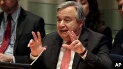 FILE - U.N. Secretary General candidate Antonio Guterres, the former United Nations High Commissioner for Refugees, delivers remarks in the United Nations Trusteeship Council Chamber, April 12, 2016.