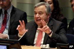 U.N. Secretary General candidate Antonio Guterres, the former United Nations High Commissioner for Refugees, delivers his remarks in the United Nations Trusteeship Council Chamber, April 12, 2016.