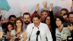 Workers' Party presidential candidate Fernando Haddad delivers his concession speech, in Sao Paulo, Brazil, Sunday, Oct. 28, 2018. Brazil’s Supreme Electoral Tribunal declared far-right congressman Jair Bolsonaro the next president of Latin America’s biggest country.