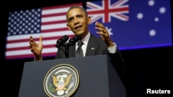 President Barack Obama speaks at the University of Queensland in Brisbane, Australia, Nov. 15, 2014. Obama is in Brisbane for the G20 Summit being held there this weekend.