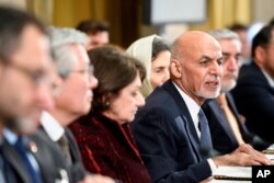 Afghan President Ashraf Ghani speaks during the U.N. Conference on Afghanistan in Geneva, Switzerland, Nov. 28, 2018.