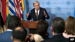FILE - United Nations Secretary-General Antonio Guterres speaks to reporters during a news conference at U.N. headquarters in New York.
