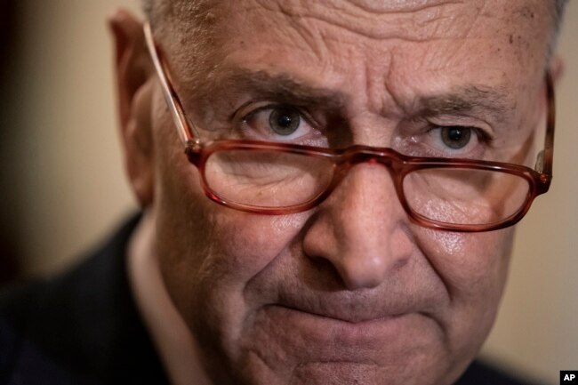 Senate Minority Leader Chuck Schumer, D-N.Y., speaks to reporters at the Capitol in Washington, April 9, 2019.