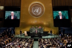 President Donald Trump addresses the 73rd session of the United Nations General Assembly, at U.N. headquarters, Sept. 25, 2018.