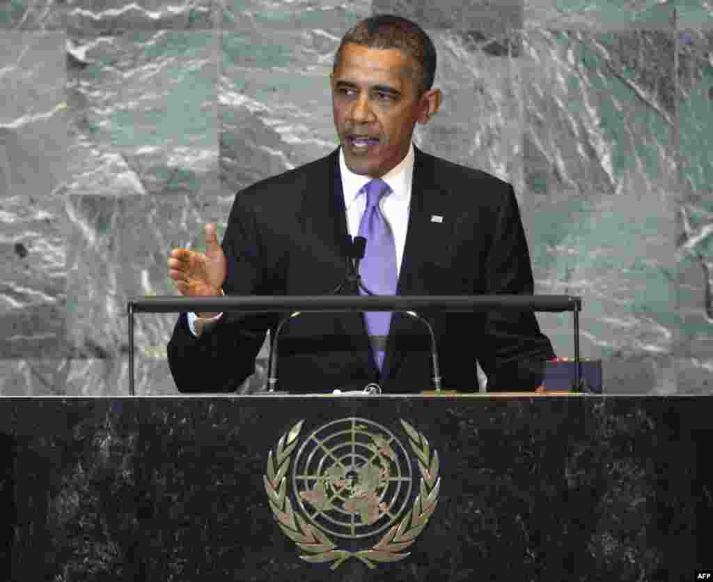 Tổng thống Hoa Kỳ Barack Obama đọc diễn văn trước Đại hội đồng Liên Hiệp Quốc, 21 tháng 9. (AP Photo/Richard Drew)