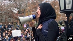 FILE - Eeman Abbasi speaks during a protest on the University of Connecticut campus against the election of Republican Donald Trump as president in Storrs, Connecticut, Nov. 9, 2016.