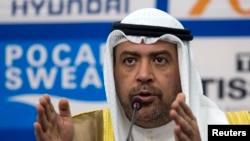 FILE - Olympic Council of Asia (OCA) President Sheikh Ahmad Al-Fahad Al-Sabah speaks at a news conference in Incheon, South Korea, Sept. 21, 2014.