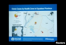 A slide is pictured during a briefing for World Health Assembly (WHA) delegates on the Ebola outbreak response in Democratic Republic of the Congo at the United Nations in Geneva, Switzerland, May 23, 2018.