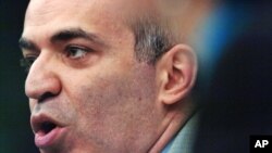 Garry Kasparov, Russia's most prominent opposition leader and former world chess champion holds a news conference at the European Parliament in Strasbourg, eastern France Wednesday, May 23, 2007