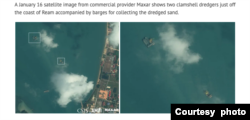 A January 16 satellite image from commercial provider Maxar shows two clamshell dredgers just off the coast of Ream accompanied by barges for collecting the dredged sand. (Courtesy screenshot of CSIS website)