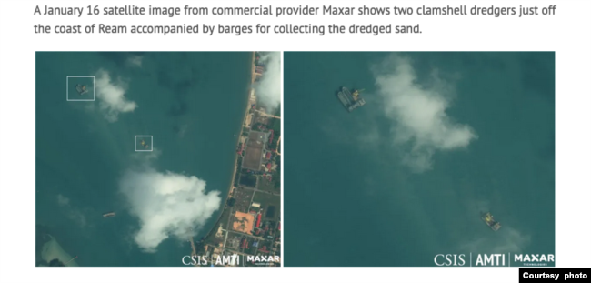 A January 16 satellite image from commercial provider Maxar shows two clamshell dredgers just off the coast of Ream accompanied by barges for collecting the dredged sand. (Courtesy screenshot of CSIS website)