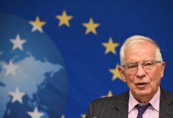 FILE - High Representative of the European Union for Foreign Affairs and Security Policy Josep Borrell speaks at the EU Delegation in New York City, Sept. 20, 2021.
