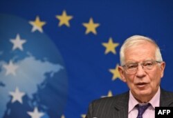 FILE - High Representative of the European Union for Foreign Affairs and Security Policy Josep Borrell speaks at the EU Delegation in New York City, Sept. 20, 2021.