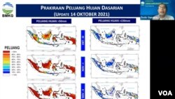 Dodo Gunawan, Kepala Pusat Informasi Perubahan Iklim BMKG, menyampaikan prakiraan peluang hujan dasarian (Update 14 Oktober 2021) dalam konferensi pers pada 18 Oktober 2021. (Foto: Tangkapan Layar)