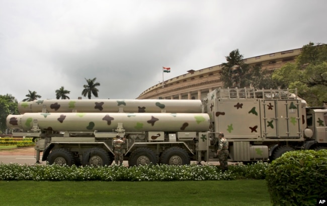 Supersonic BrahMos missiles are prepared for an exhibition in New Delhi, India, Aug. 1, 2016.