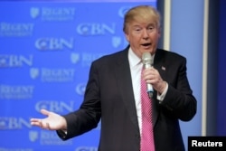 U.S. Republican presidential candidate Donald Trump speaks at a campaign event at Regents University in Virginia Beach, Virginia, Feb. 24, 2016.
