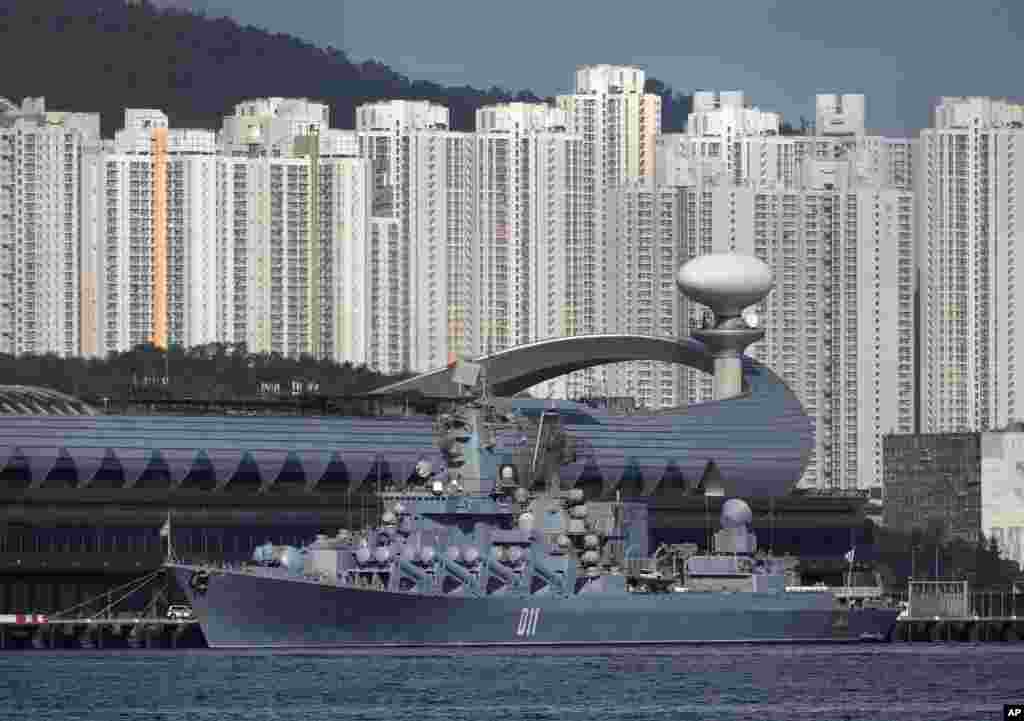 Russian Navy&#39;s Slava-class guided missile cruiser Varyag, the flagship of the Russian Pacific Fleet, is docked at Kai Tak Cruise Terminal for an unofficial five-day visit to Hong Kong.