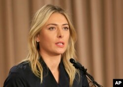 FILE - Tennis star Maria Sharapova speaks during a news conference in Los Angeles on Monday, March 7, 2016. Sharapova says she has failed a drug test at the Australian Open.