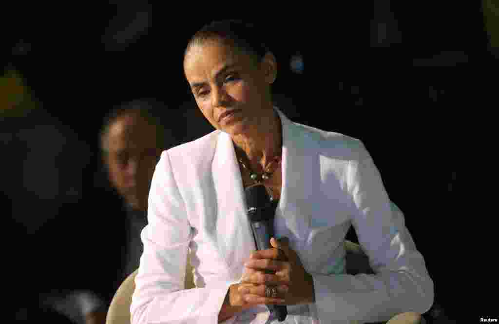 Presidential candidate Marina Silva of the Brazilian Socialist Party (PSB) gives a news conference after the official vote tally confirmed her in third place in the first round of elections, in Sao Paulo, Oct. 5, 2014.