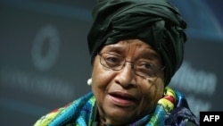 FILE - President of Liberia, Ellen Johnson Sirleaf speaks at the 2016 Concordia Summit at the Grand Hyatt New York, in New York City, Sept. 20, 2016. 