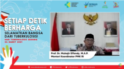 Menko PMK Muhadjir Effendy dalam tangkapan layar acara Puncak Perayaan Hari Tuberkolosis sedunia tahun 2021 di Jakarta, Rabu (24/3) mengatakan kerugian ekonomi yang diakibatkan oleh penyakit TB capai miliaran rupiah