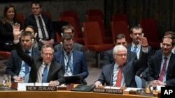 12월 31일 유엔 안전보장회의 표결에서 뉴질랜드의 제럴드 반 보히먼 유엔주재 대사와 비탈리 추르킨 유엔주재 러시아 대사가 시리아 휴전협정 결의안에 손을 들어 찬성하고 있다. 