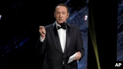 FILE - Kevin Spacey is seen speaking at an award ceremony at the Beverly Hilton Hotel in Beverly Hills, California, Oct. 27, 2017.