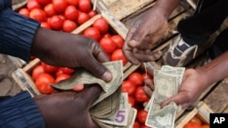 A vendor sells tomatoes, at Mbare Musika market place, in Harare, Friday, Oct. 11, 2013. Mbare Musika provides the biggest agricultural produce market in Harare and the nation at large. (AP Photo/Tsvangirayi Mukwazhi)