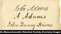 Signatures of John, Abigail and John Quincy Adams. Collection of the Massachusetts Historical Society