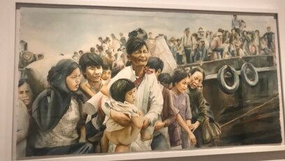 Một bức tranh màu nước về người tị nạn chiến tranh Việt Nam tại triển lãm Tiffany Chung: Vietnam, Past is Prologue (Quá khứ là sự khởi đầu) ở bảo tàng Nghệ thuật Mỹ Smithsonian.