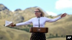 Kristine McDivitt Tompkins, widow of late American conservationist Doug Tompkins, speaks during a signing ceremony in Patagonia Park, Chile, Jan. 29, 2018. Chile's president signed decrees creating vast new national parks using lands donated by the Tompkins Conservation, in what is believed to be the largest private donation of land ever from a private entity to a country.