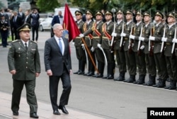 U.S. Secretary of Defense Jim Mattis and Ukraine's Defense Minister Stepan Poltorak walk past honor guards during a welcoming ceremony in Kyiv, Ukraine, Aug. 24, 2017.