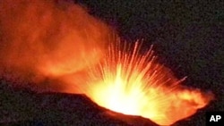 Image provided by the Italian National Institute of Geophysics and Volcanology shows lava overflowing from the eastern rim of the erupting pit crater of Mount Etna, Sicily, 12 Jan 2011