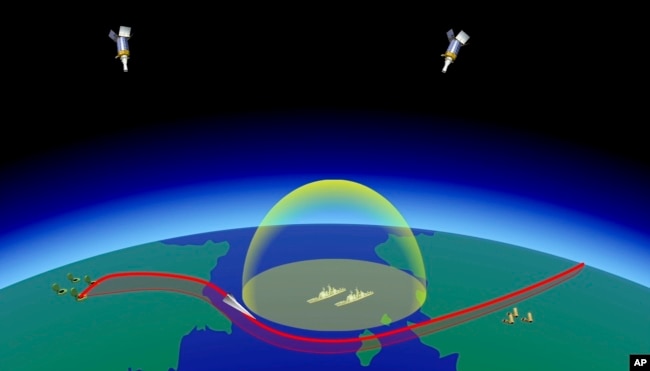 In this video grab provided by RU-RTR Russian television via AP television on Thursday, March 1, 2018, a computer simulation shows the Avangard hypersonic vehicle maneuvering to bypass missile defenses en route to target.