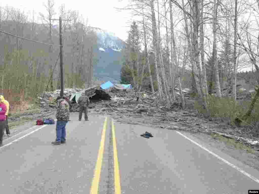Officials survey a large mudslide, Oso, Washington, March 22, 2014.