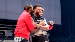 This image provided by Thoughts of a Colored Man shows Luke James, from left, playwright Keenan Scott II, and Bjorn DuPaty performing in "Thoughts of a Colored Man" on Dec. 21, 2021 in New York.