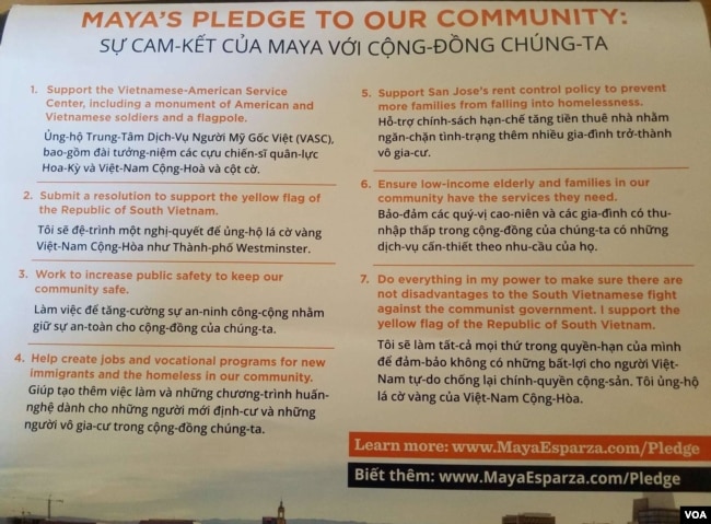 Những lời hứa ủng hộ cộng đồng Việt của ứng cử viên Maya Esparza trong một tờ rơi vận động tranh cử. (Ảnh: Bryan Đỗ)