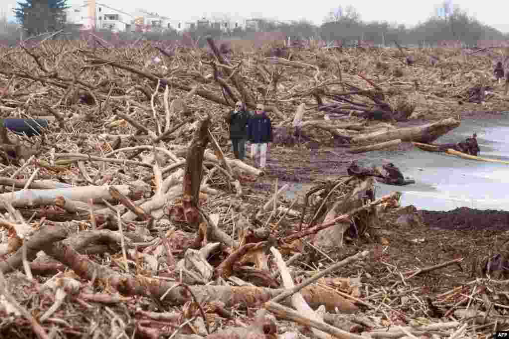 People walk along a beach near the estuary of the river Le Tech in Argeles-sur-Mer, southeastern France, where trees were washed ashore folowing storm Gloria.