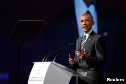 Former U.S. President Barack Obama delivers his keynote speech to the Montreal Chamber of Commerce at the Palais de Congres in Montreal, Quebec, Canada, June 6, 2017.