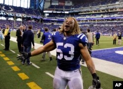 FILE - Indianapolis Colts linebacker Edwin Jackson (53) walks off the field following an NFL football game against the Tennessee Titans in Indianapolis, Nov. 20, 2016.