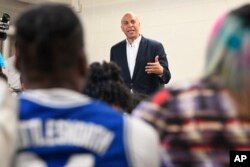 Democratic presidential candidate Sen. Cory Booker speaks during a campaign stop on at Allen University in Columbia, South Carolina, April 26, 2019.