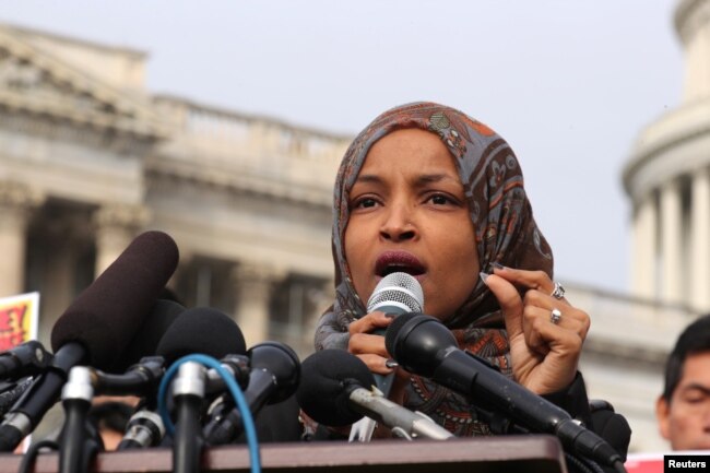 FILE - U.S. Representative Ilhan Omar (D-MN) speaks at a news conference at the U.S. Capitol in Washington, Feb. 7, 2019.