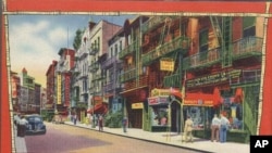 A mid-century postcard for tourists shows New York City's Chinatown.