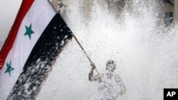 A pro-Syrian regime protester, waves a Syrian flag from a fountain during a demonstration in Damascus, Syria, November 16, 2011.