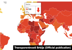 Prikaz na mapi gde se nalazi Srbija kada je u pitanju nivo korupcije, Foto: Transparentnosti Srbija