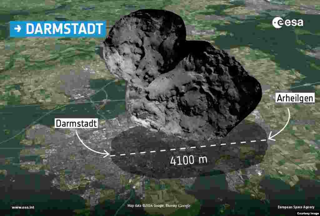 Comparing the size of Comet 67P/Churyumov–Gerasimenko with the city of Darmstadt, Germany, home to the European Space Operations Center. (Courtesy: European Space Agency, Google maps)