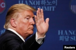 U.S. President Donald Trump reacts during a news conference after his summit with North Korean leader Kim Jong Un, at the JW Marriott Hotel in Hanoi, Feb. 28, 2019.